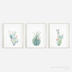 Cactus and pink flower prints cactus wall art Print Green Cactus floral Nursery wall decor print boho Printable Watercolor painting desert