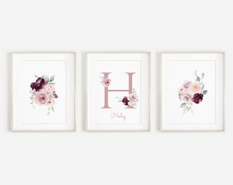 Dusty pink and Burgundy Floral Baby Initial wall art set Editable Personalized Monogram flower Name and Bouquets Nursery Art Flower baby