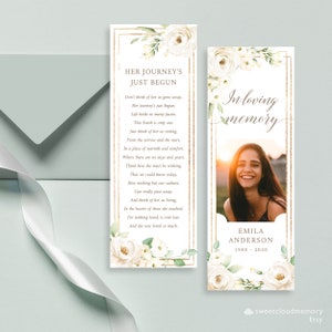 Modèle de marque-page funéraire Rose blanche Marque-page fleur blanche Carte souvenir Célébration de la vie Marque-page floral blanc Marque-page commémoratif funéraire
