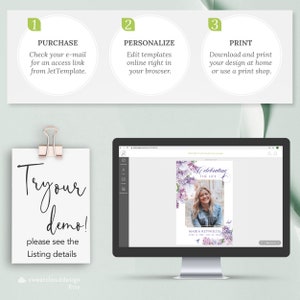 May include: A computer screen displaying a template for a memorial card with a purple floral design. The text on the card reads "Celebrating the Life" and "Maria Reynolds".