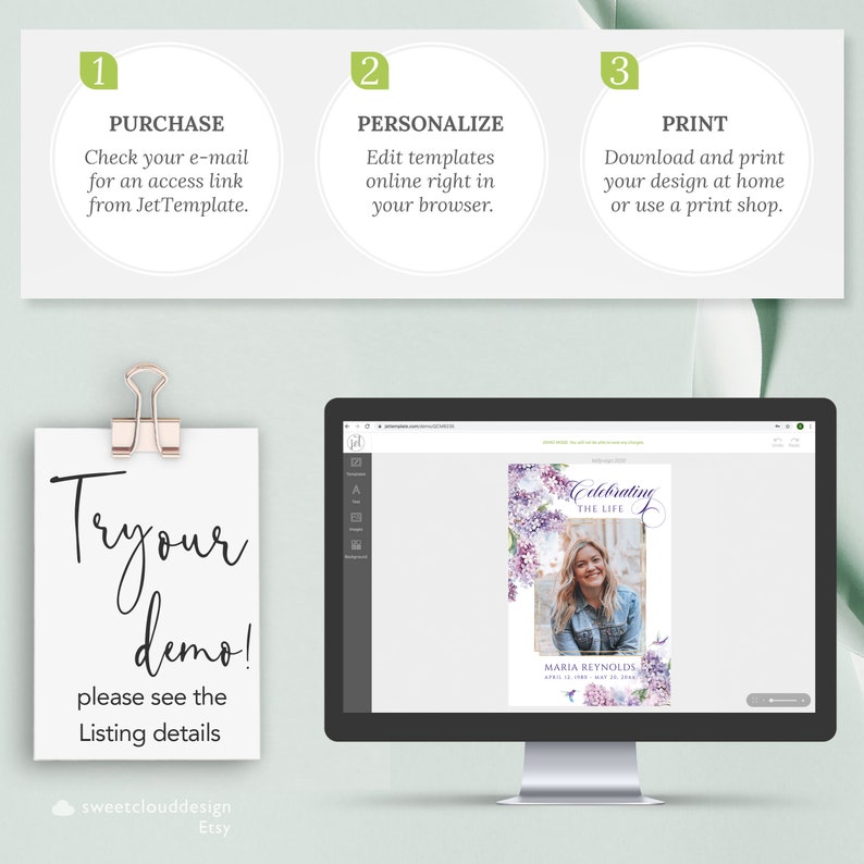 May include: A computer screen displaying a template for a memorial card with a purple floral design. The text on the card reads "Celebrating the Life" and "Maria Reynolds".