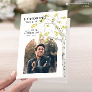 Birch tree Funeral Program Template  Gold and leaves Funeral Memorial program Funeral Service In loving Memory Obituary Celebration life man