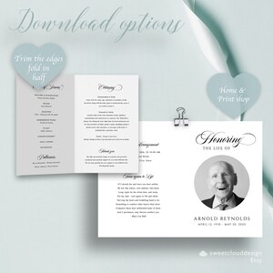 May include: A black and white photo of a man in a suit with a white background. The text "Honoring the Life of Arnold Reynolds April 12, 1930 - May 20, 2020" is below the photo. The text "sweetclouddesign Etsy" is at the bottom of the image.