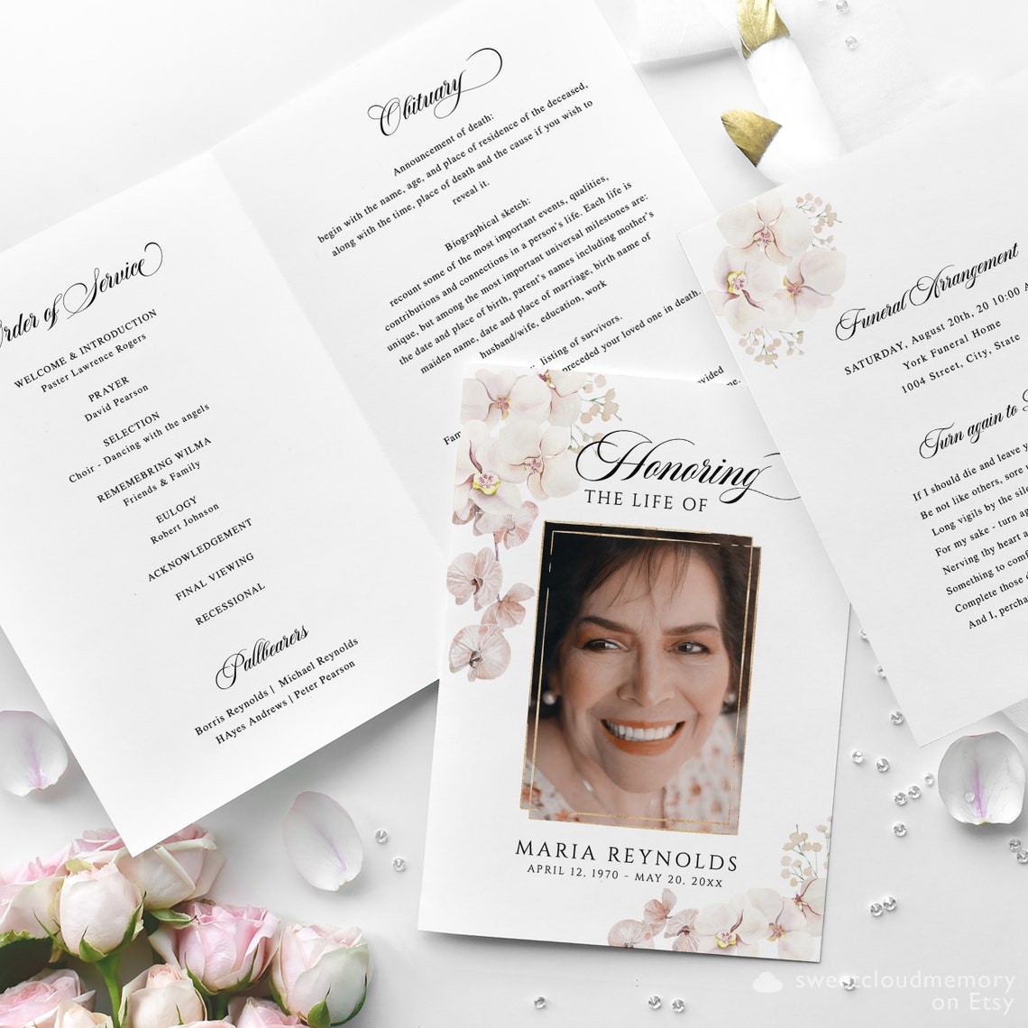 Pink orchid Funeral Program Template Blush Orchid Funeral Etsy