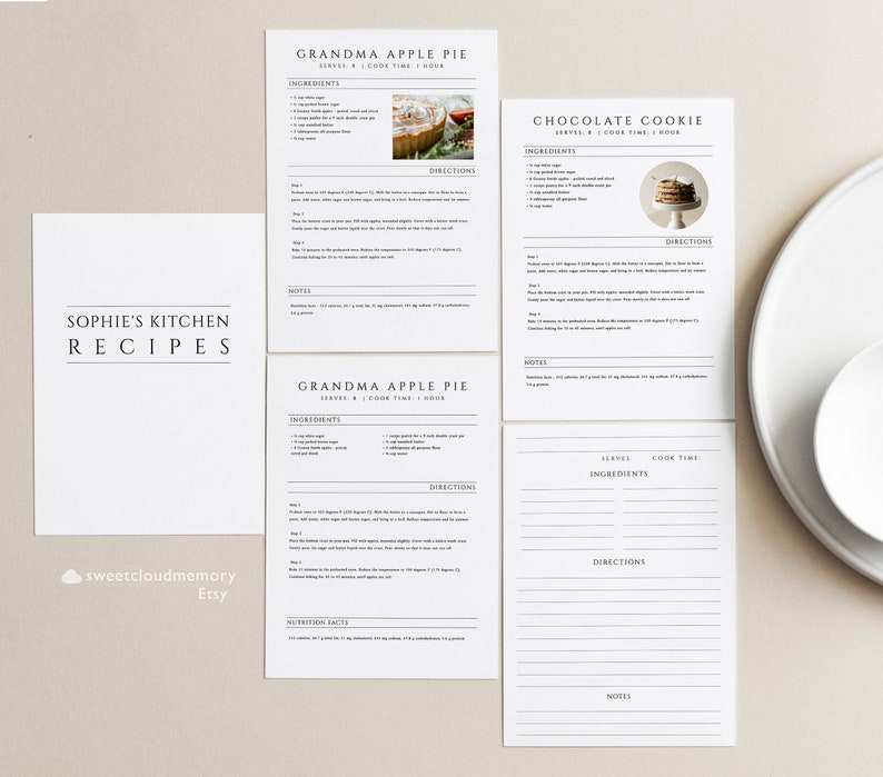 May include: Printable recipe cards with a white background and black text. The cards feature recipes for Grandma Apple Pie and Chocolate Cookie. The cards include ingredients, directions, and notes sections. The cards also include a picture of the finished dish.