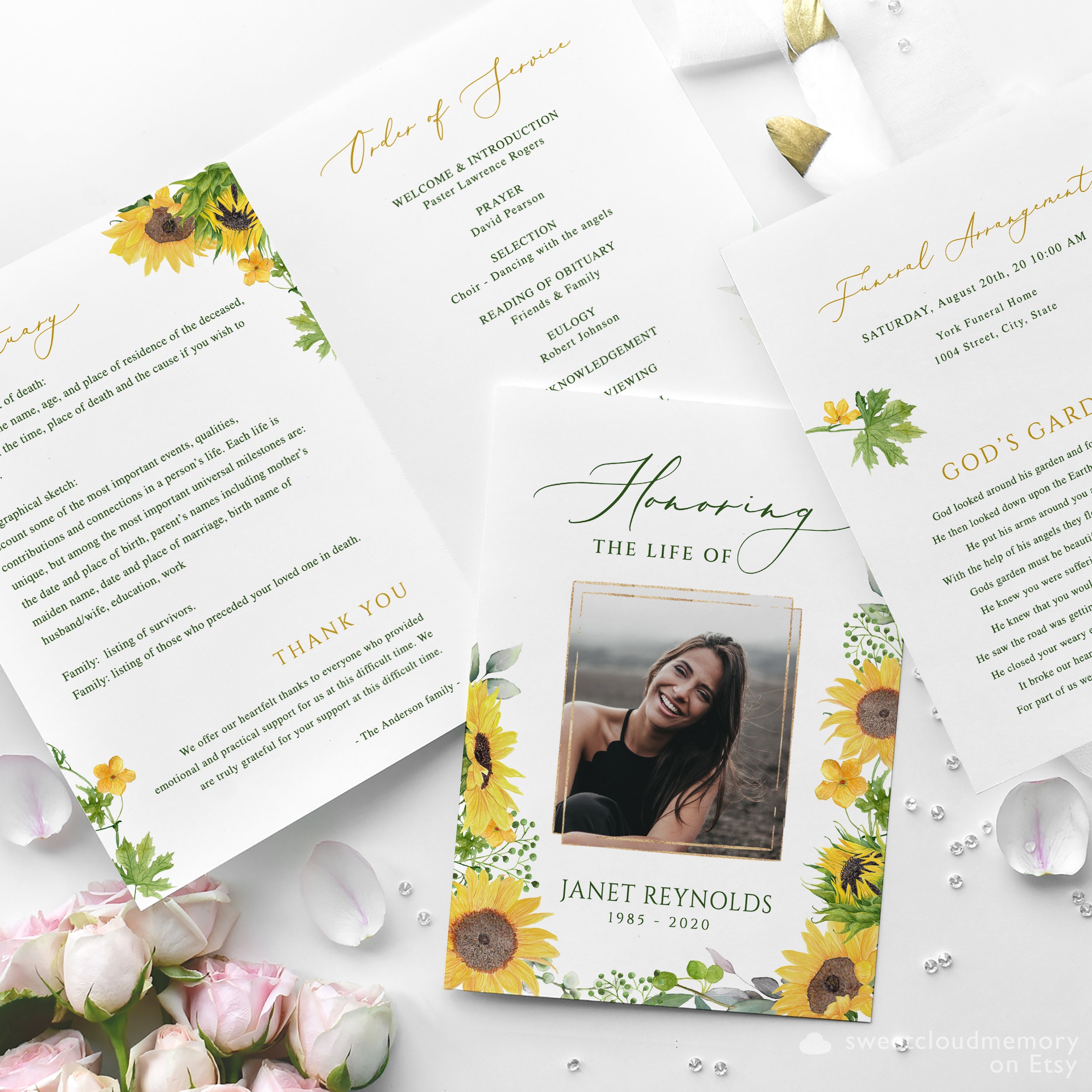 Program Flower Design Sunflower Funeral Program Template Yellow Flower Funeral Memorial ...