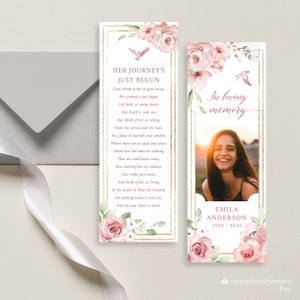 Modèle de marque-page funéraire floral blush Marque-page rose or et rose Célébration de la vie Marque-page Souvenir funéraire Cartes Memorial blush rose