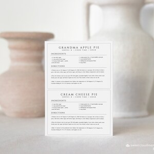 May include: Two printable recipe cards for Grandma Apple Pie and Cream Cheese Pie. Each card has a black and white design with the title of the pie, "Serves:" and "Cook Time:" at the top. The ingredients and directions are listed below.