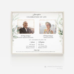 May include: A white and green floral themed memorial card with gold accents. The card features two photos of a man and a woman, with the text "Join us for a Celebration of Life" at the top. The card also includes the names "Ethan Martin Rogers" and "Maria Rogers" and the date "Sat. December 12th, 2020 | 1 PM".