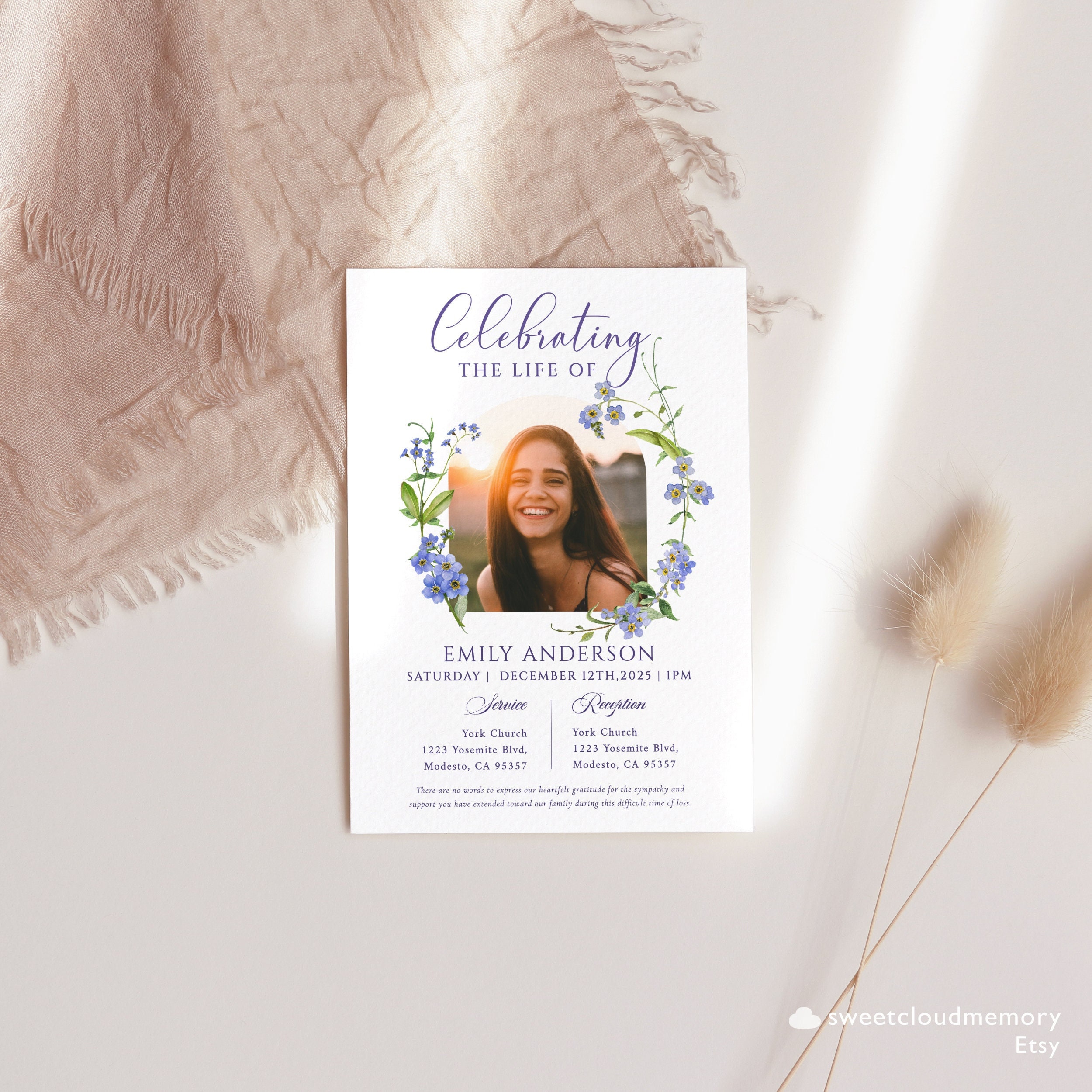 Forget-Me-Nots Funeral Invitation Template – Blue & Purple Floral Celebration of Life Photo Invite (Editable, Instant Download)