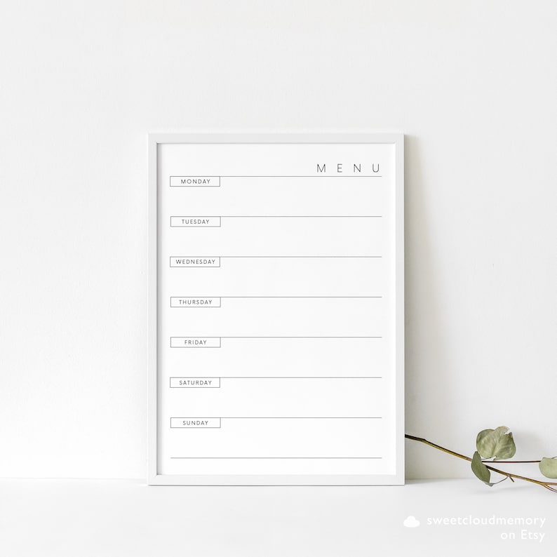 Weekly Menu Chart Editable Simple Menu Table Card Weekly Menu Sign ...