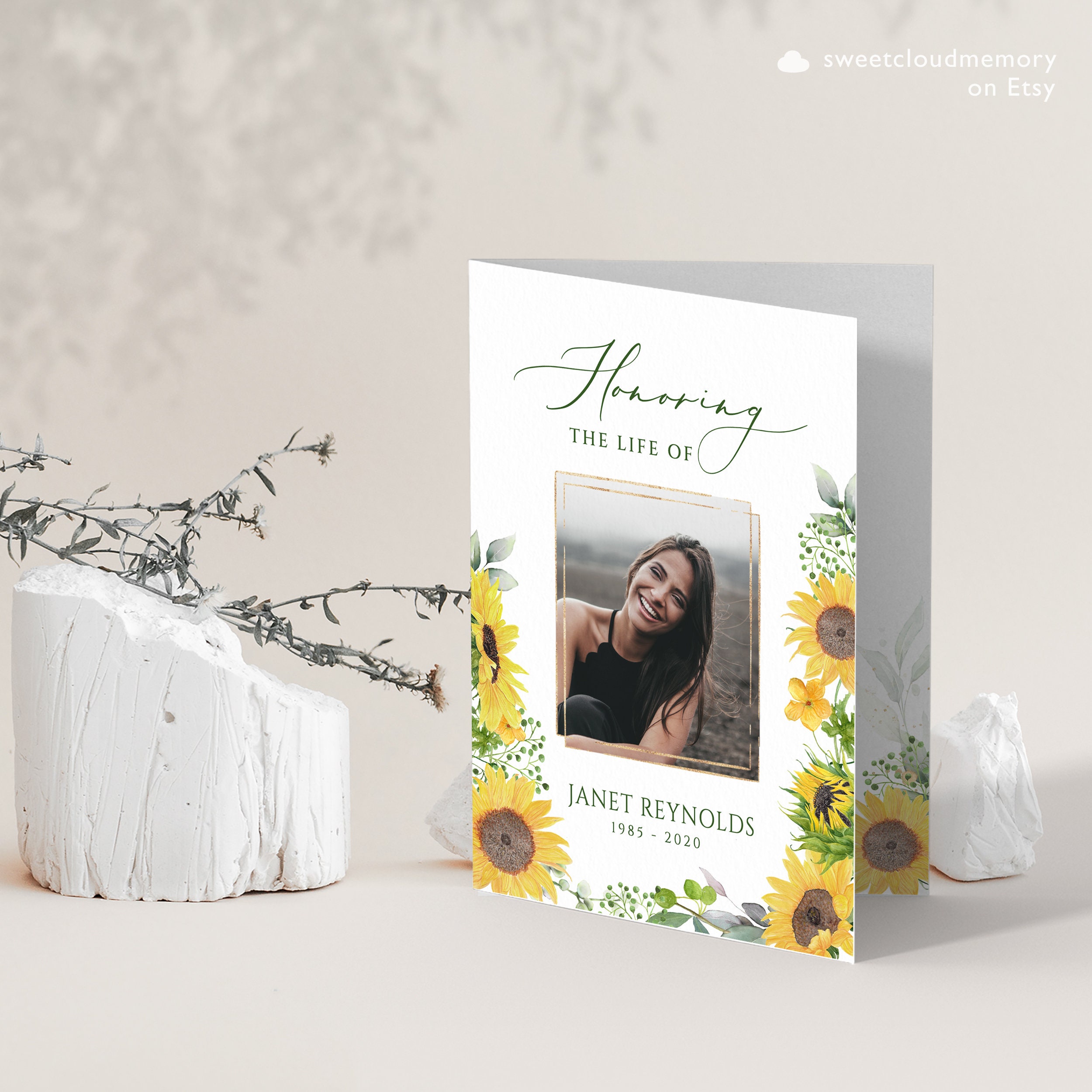 Program Flower Design Sunflower Funeral Program Template Yellow Flower Funeral Memorial ...
