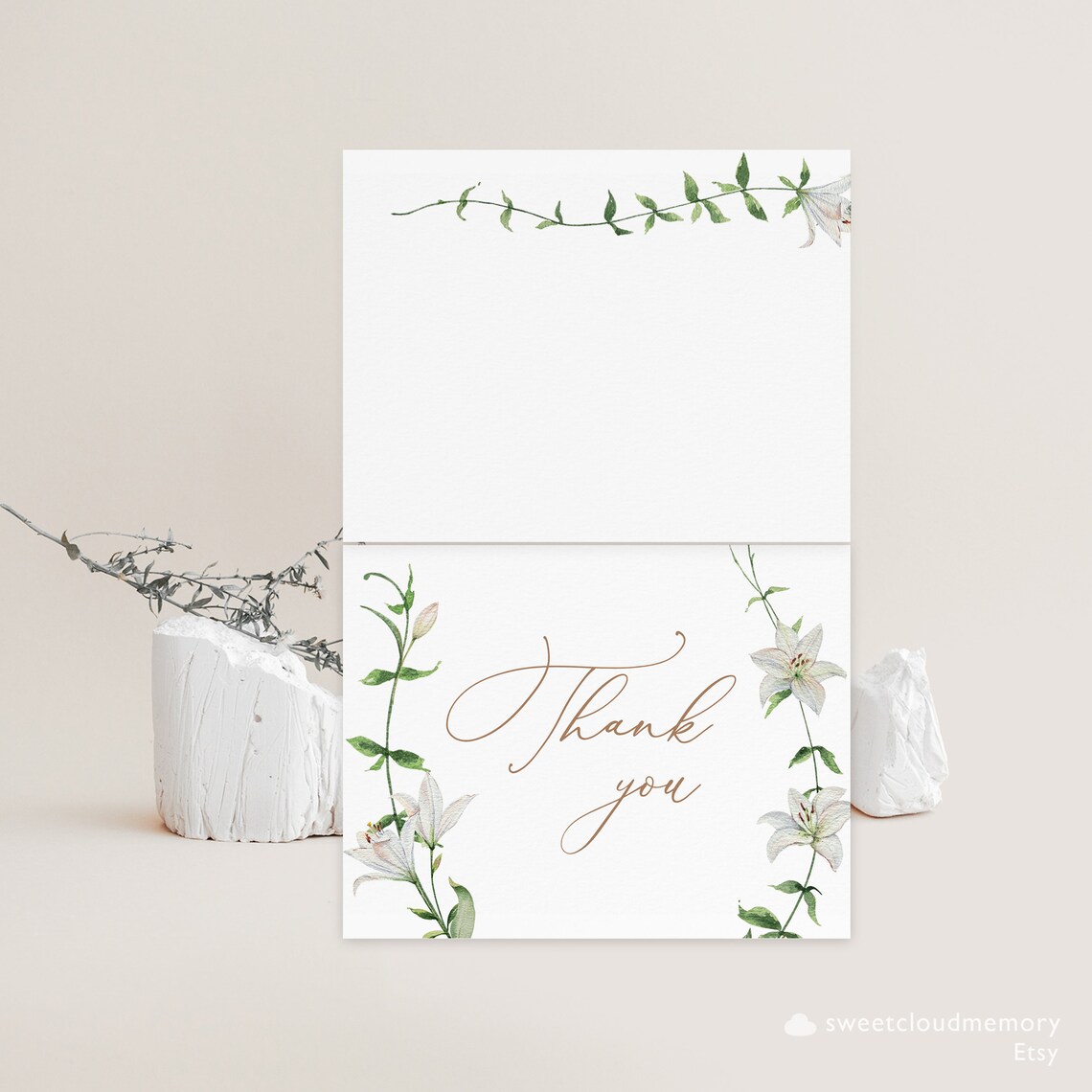 White Lily Greenery Thank You Card Template Editable Thank You Editable ...