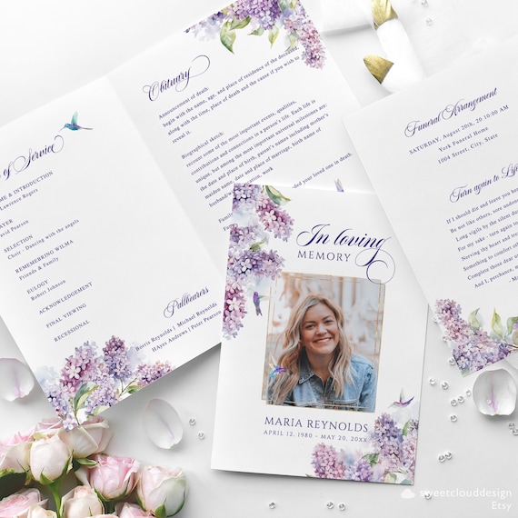 Lilac and bird Funeral Program Template Purple Floral Funeral Memorial program humming bird Funeral Service In loving Memory Celebration