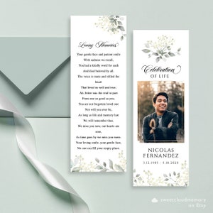 Modèle de marque-page funéraire de verdure, marque-page floral blanc de célébration de la vie, cartes de souvenir funéraire, carte commémorative pour le souvenir modifiable