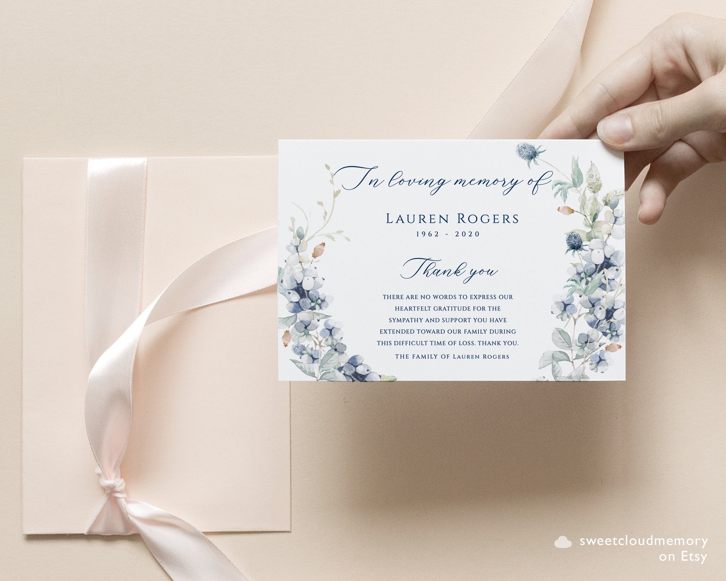 Dusty Blue Funeral Thank You Card Berry Floral Funeral Thank You Blue  Wreath Flower Editable Memorial Card Printable Thank You Card Template -  Etsy, image size:2500x2000
