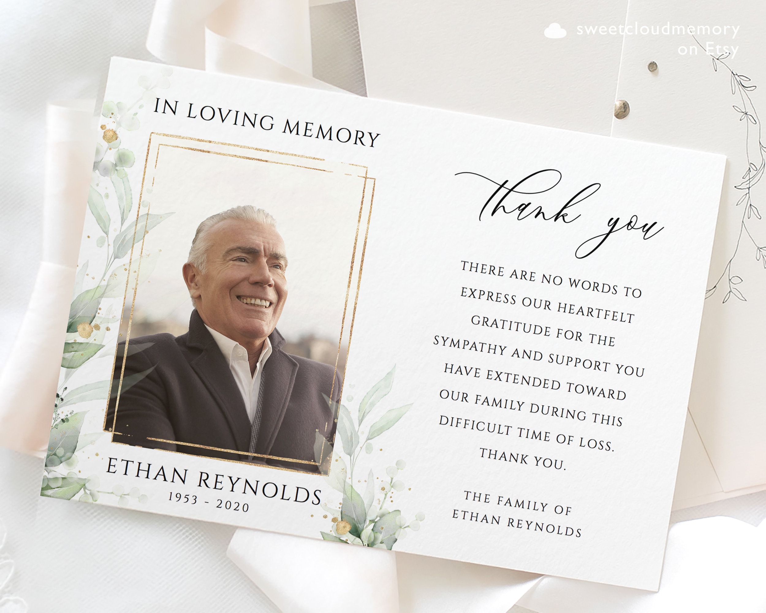 Gold Funeral Thank You Card Greenery Funeral Thank You Photo Editable ...
