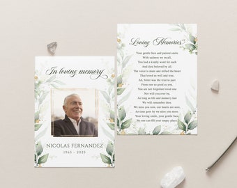 Greenery Funeral Photo Prayer card Gold frame Green leaves Funeral bookmark Prayer card Memorial Card Celebration of Life memorial Prayer