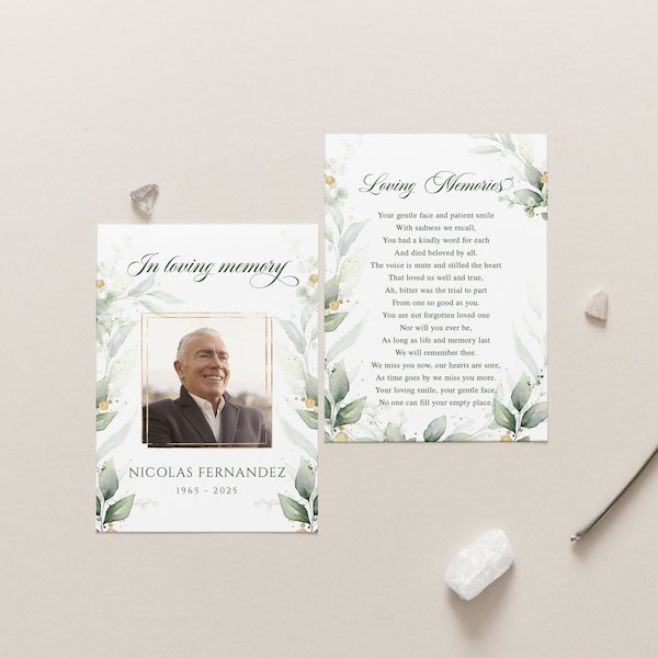 Greenery Funeral Photo Prayer card Gold frame Green leaves Funeral bookmark Prayer card Memorial Card Celebration of Life memorial Prayer