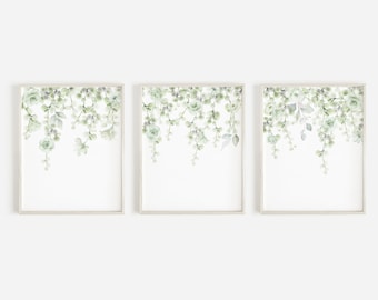 Watercolor Green leaves Print Greenery Gallery Wall Art Nursery Soft green Art Print Living Room Soft green branches Set of Three art 17