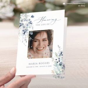 Dusty Blue Funeral Program Template Blue flower Funeral Memorial program Funeral Service In loving Memory Obituary Celebration of life
