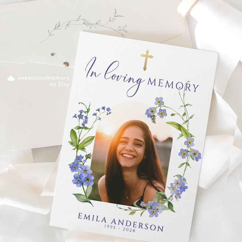 me nots flower Funeral Photo Prayer card Gold cross Etsy Schweiz