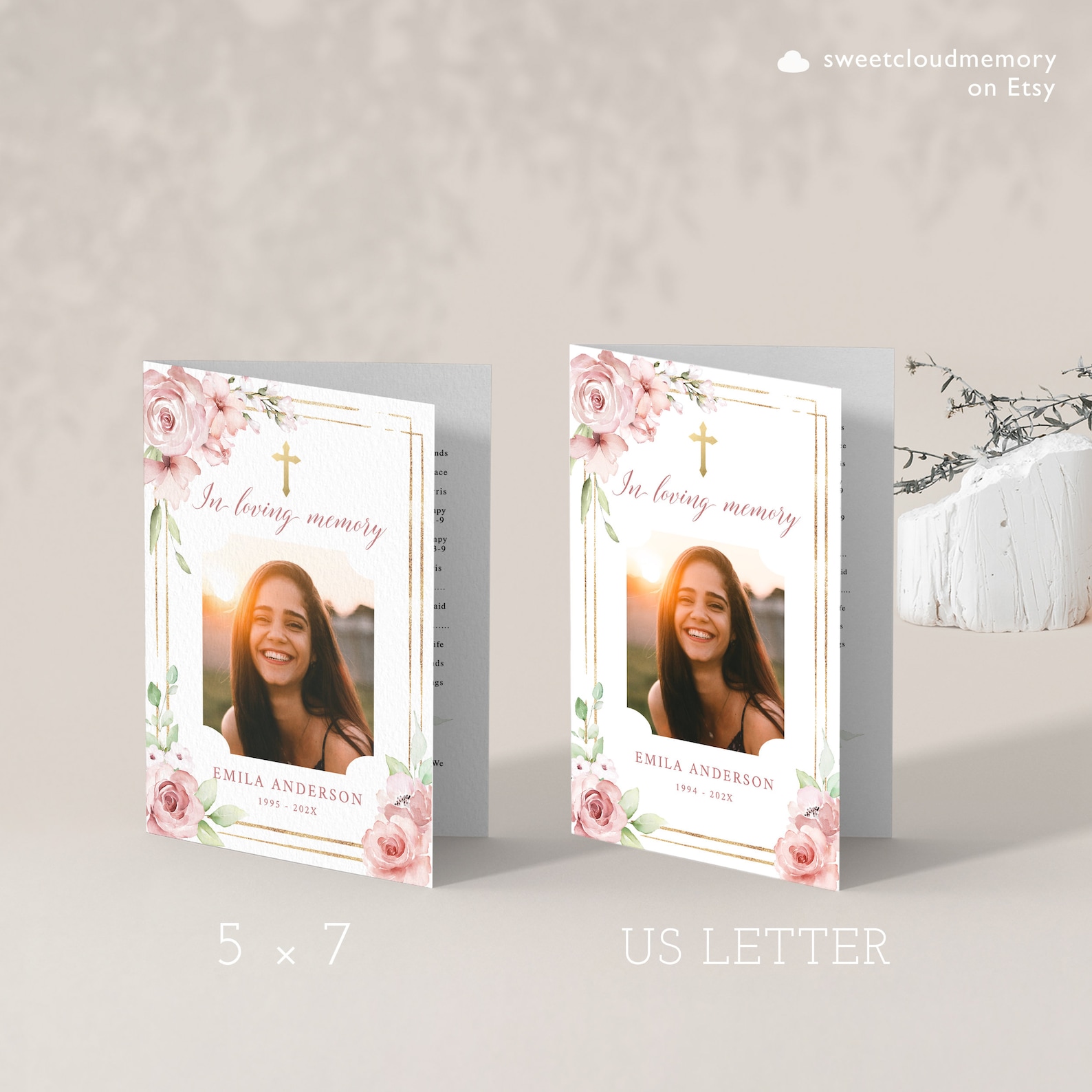 Blush Rose Funeral Program Template Gold Cross Funeral Memorial Program ...