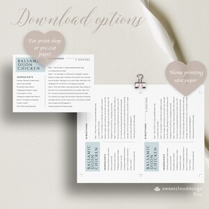 May include: Printable recipe card for Balsamic Dijon Chicken. The recipe card is on a light blue background with a white border. The recipe includes ingredients and directions for two servings. The card also includes a note about home printing to save paper.