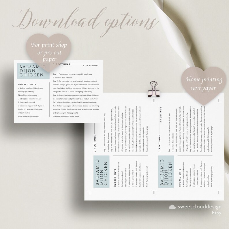 May include: Printable recipe card for Balsamic Dijon Chicken. The recipe card is on a light blue background with a white border. The recipe includes ingredients and directions for two servings. The card also includes a note about home printing to save paper.