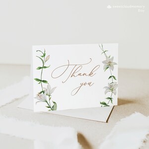 Modèle de carte de remerciement de verdure de lys blanc modifiable Merci carte commémorative modifiable Carte funéraire de remerciement imprimable Feuille verte