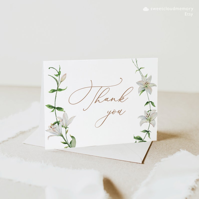 White Lily Greenery Thank You Card Template Editable Thank You Editable ...
