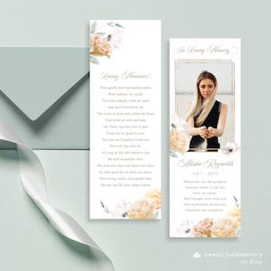 Segnalibro fotografico funebre floreale pesca Segnalibro funebre rosa modificabile Carta di preghiera Scheda commemorativa Celebrazione della vita Segnalibro stampabile fai da te