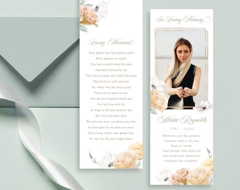 Peach Floral Funeral Photo Bookmark Editable Rose Funeral bookmark Prayer card Memorial Card Celebration of Life  DIY Printable bookmark