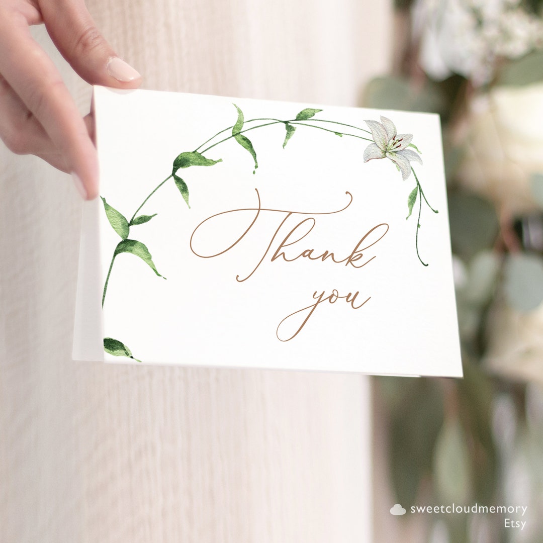 White Lily Greenery Funeral Thank You Card Template Editable Thank You ...
