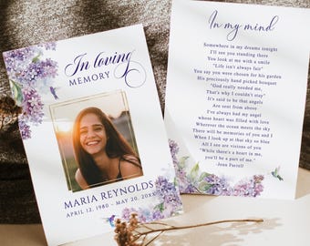 Lilac floral Funeral Photo Prayer card humming bird Purple Floral Funeral Prayer card Memorial Card Celebration of Life memorial card