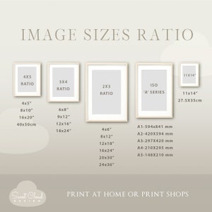 May include: A chart showing different image sizes and ratios for printing at home or at a print shop. The chart includes standard sizes in inches and millimeters, as well as ISO 'A' series sizes.