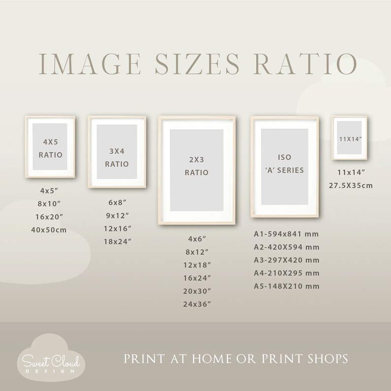May include: A chart showing different image sizes and ratios for printing at home or at a print shop. The chart includes standard sizes in inches and millimeters, as well as ISO 'A' series sizes.