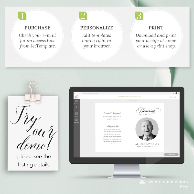May include: A computer screen displaying a funeral program template with a photo of a man. The text on the screen reads "Honoring the Life of Arnold Reynolds". The text on the screen also includes the dates April 12, 1935 - May 20, 2020. A white card with black text reads "Try our demo! Please see the Listing details".
