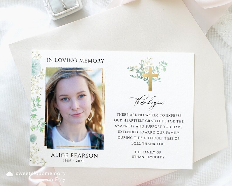 Gold Cross Funeral Thank You Card Greenery Catholic Funeral Etsy