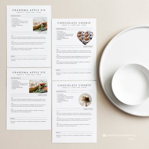 May include: Printable recipe cards for Grandma's Apple Pie and Chocolate Chip Cookies. The cards feature a rustic design with a handwritten font and include a list of ingredients, directions, and notes. The cards also feature a photo of the finished product.