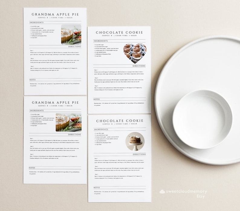 May include: Printable recipe cards for Grandma's Apple Pie and Chocolate Chip Cookies. The cards feature a rustic design with a handwritten font and include a list of ingredients, directions, and notes. The cards also feature a photo of the finished product.
