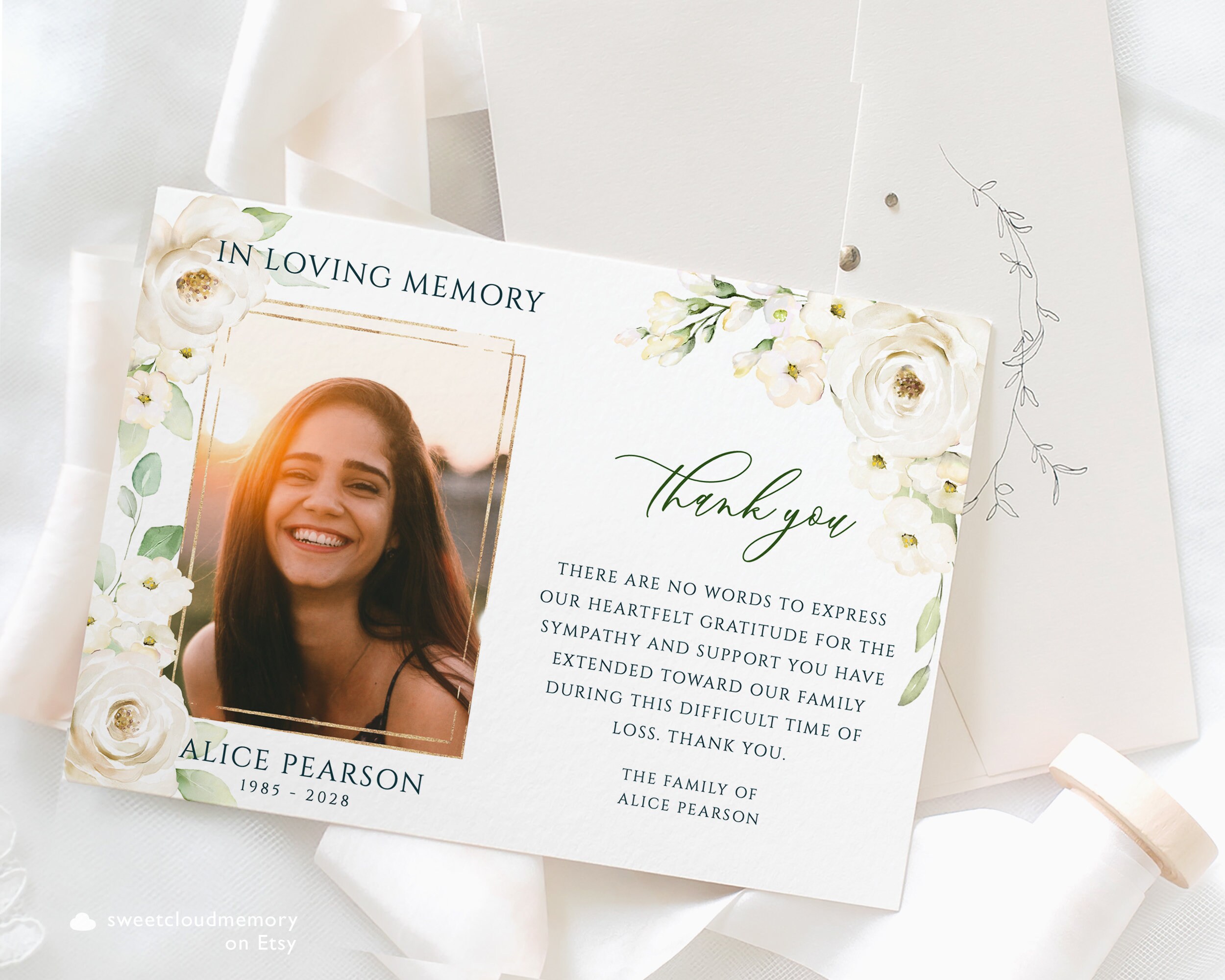White Rose Funeral Thank You Card White Floral Funeral Thank You Card ...