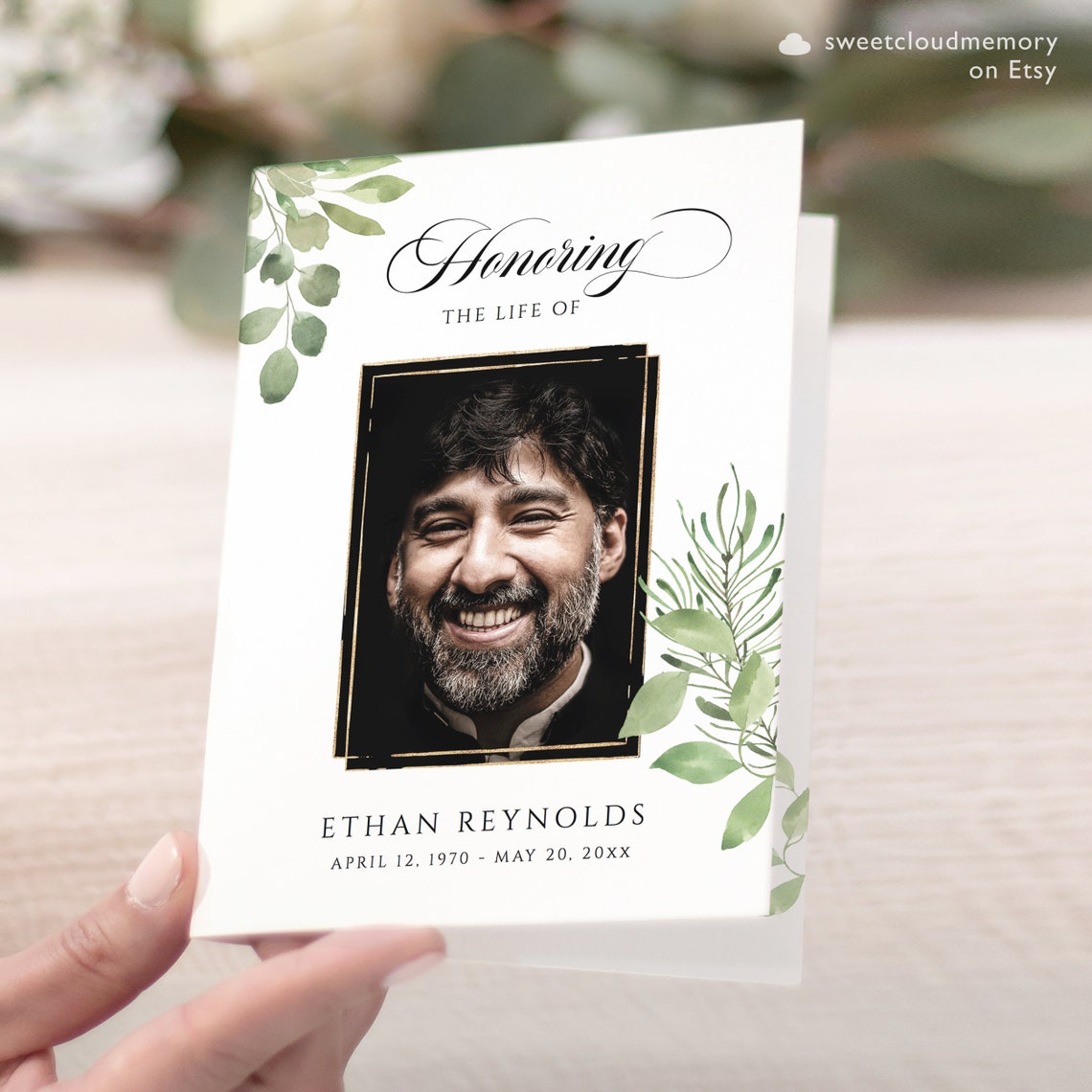 Greenery Funeral Program Template Gold Frame Funeral Memorial Etsy