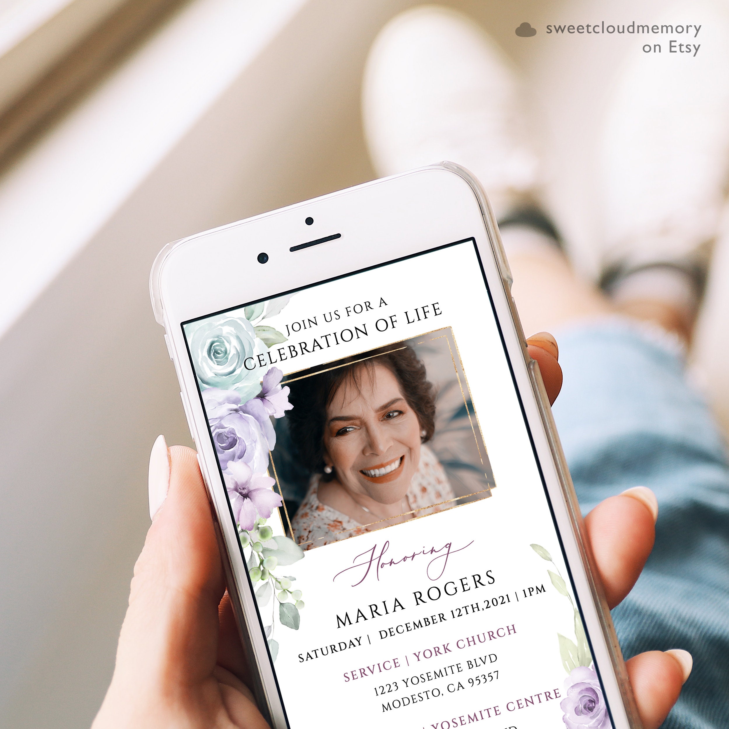 Purple Floral Funeral Digital Invitation Blue Rose Photo Celebration of ...