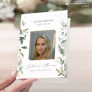 Gold and greenery Funeral Program Template blush Greenery Funeral Memorial program Funeral Service loving Memory Celebration of life Juliana
