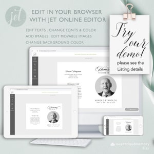 May include: A mockup of a funeral program template on a computer screen, tablet, and phone. The template is customizable with text, fonts, colors, and images. The text on the template reads "Honoring the Life of Arnold Reynolds".