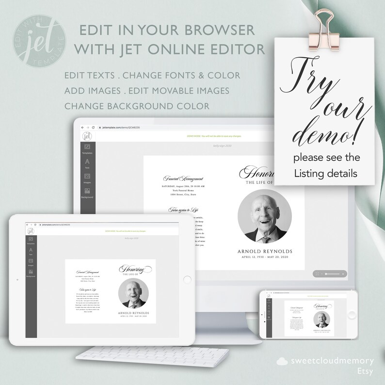 May include: A mockup of a funeral program template on a computer screen, tablet, and phone. The template is customizable with text, fonts, colors, and images. The text on the template reads "Honoring the Life of Arnold Reynolds".