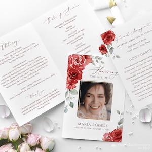 Red Floral Funeral Program Template Gold Cross Deep Red Rose Memorial ...