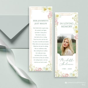 Modèle de marque-page funéraire floral muguet Marque-page fleur blanche Célébration de la vie Cadre doré Marque-page Cartes souvenir funéraire