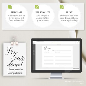 May include: A computer screen displaying a recipe template with the words "Recipe", "Ingredients", "From", and "Directions". A white card with the text "Try our demo! Please see the Listing details" is attached to a clip.